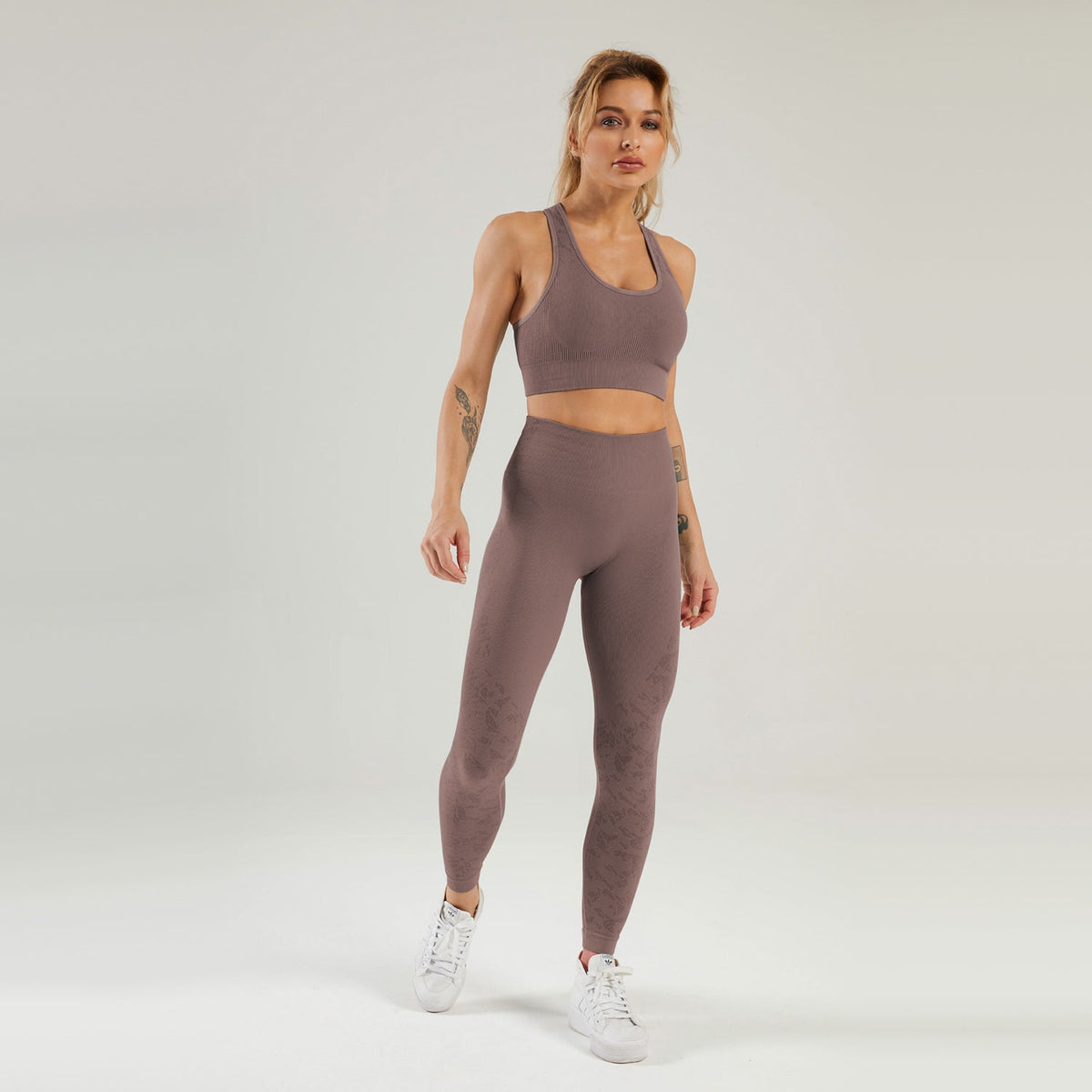 Nahtloses Gym-Yoga-Set, Sport-BH und Leggings mit Blumendruck für Damen