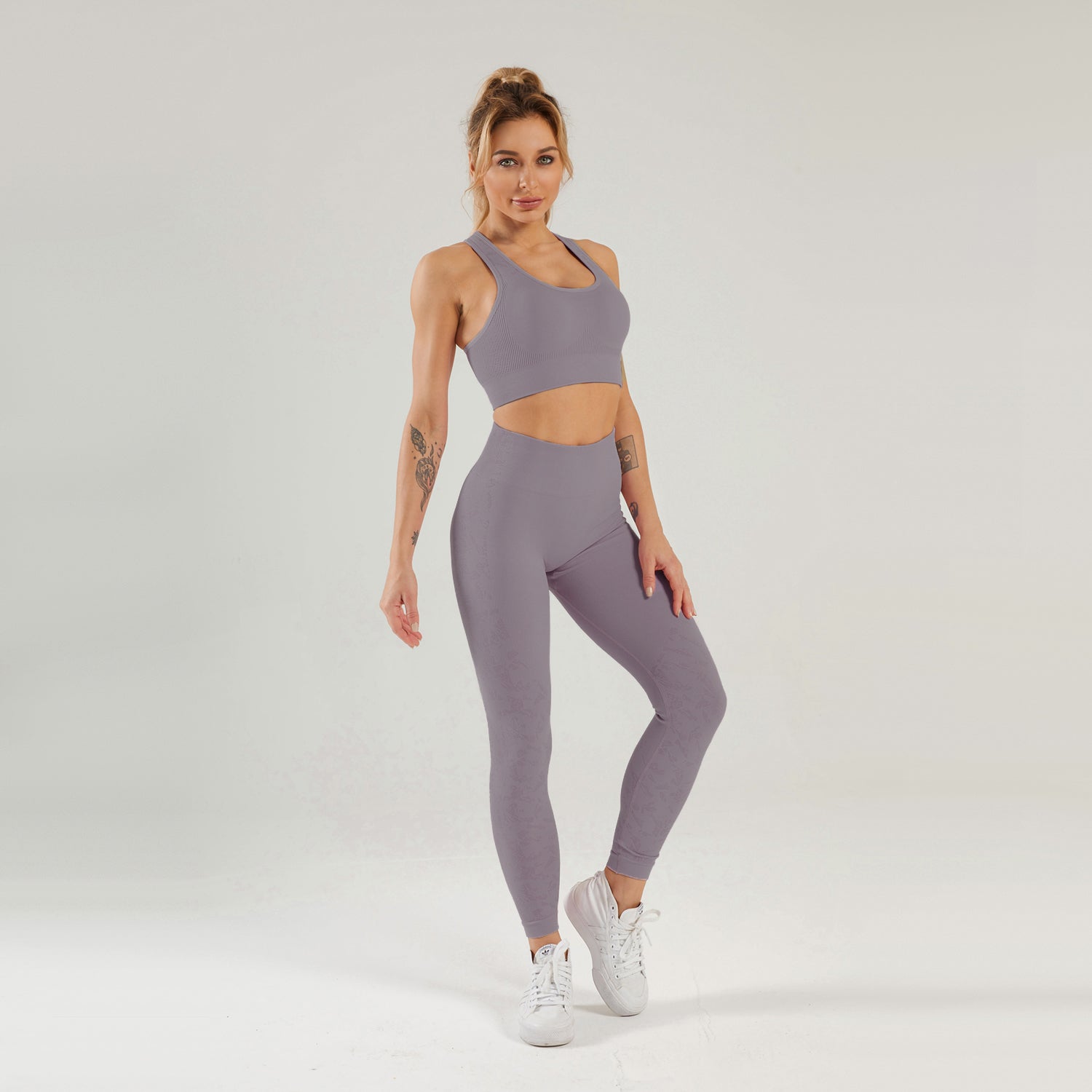 Nahtloses Gym-Yoga-Set, Sport-BH und Leggings mit Blumendruck für Damen