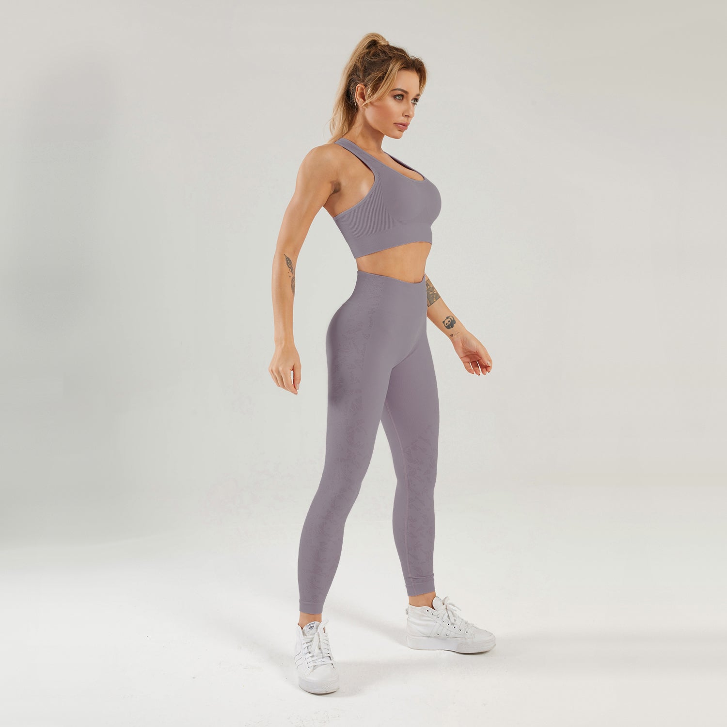 Nahtloses Gym-Yoga-Set, Sport-BH und Leggings mit Blumendruck für Damen