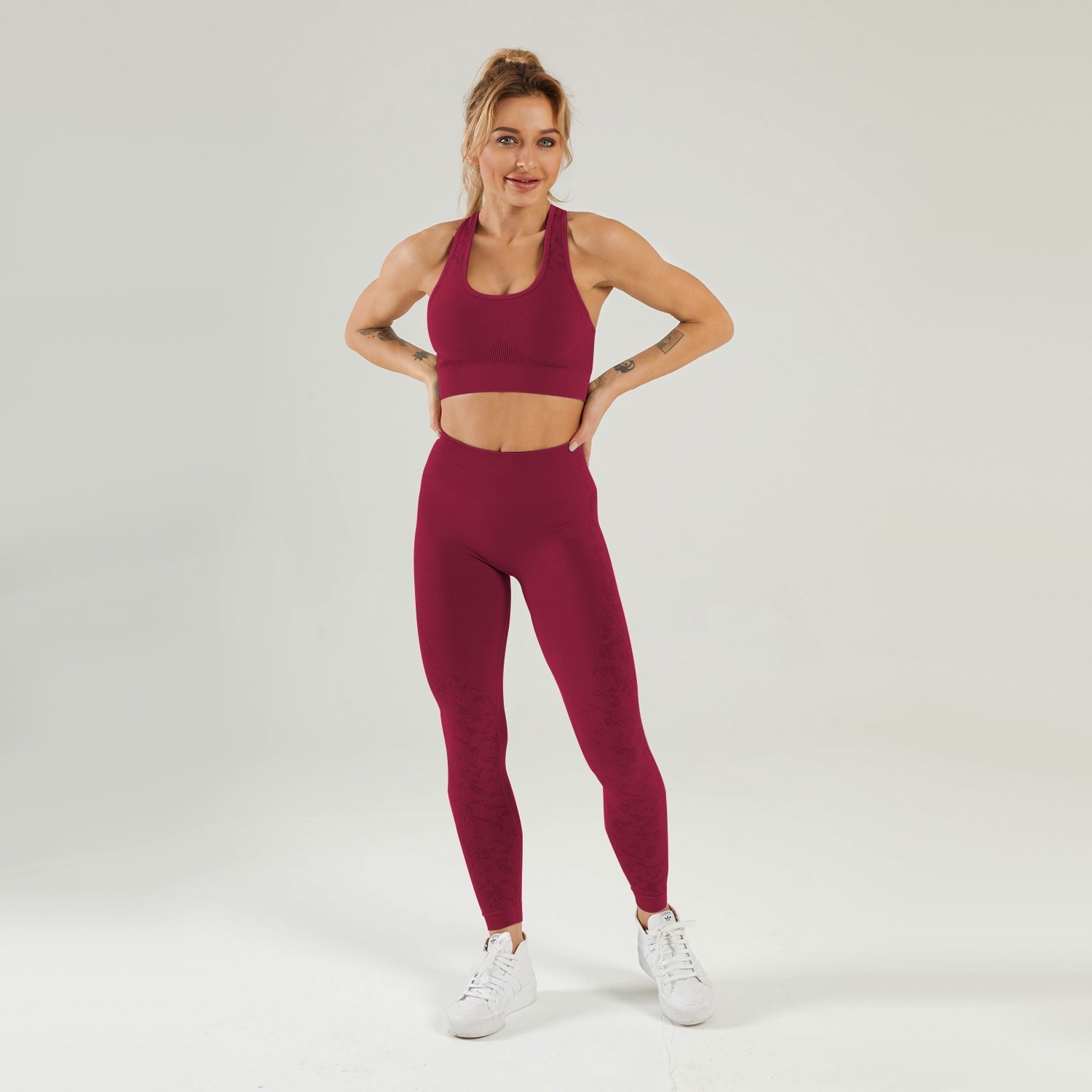 Nahtloses Gym-Yoga-Set, Sport-BH und Leggings mit Blumendruck für Damen