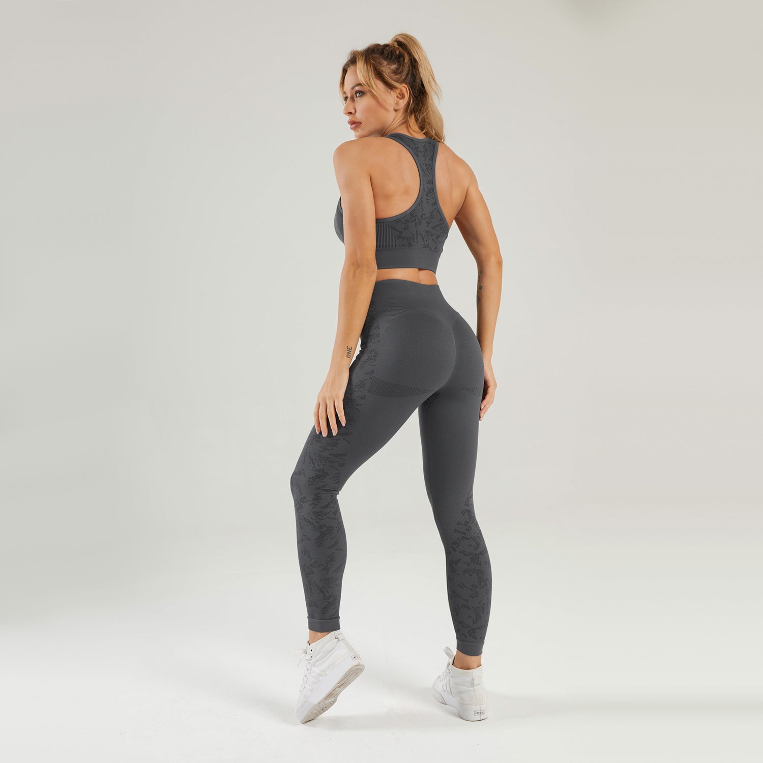 Nahtloses Gym-Yoga-Set, Sport-BH und Leggings mit Blumendruck für Damen