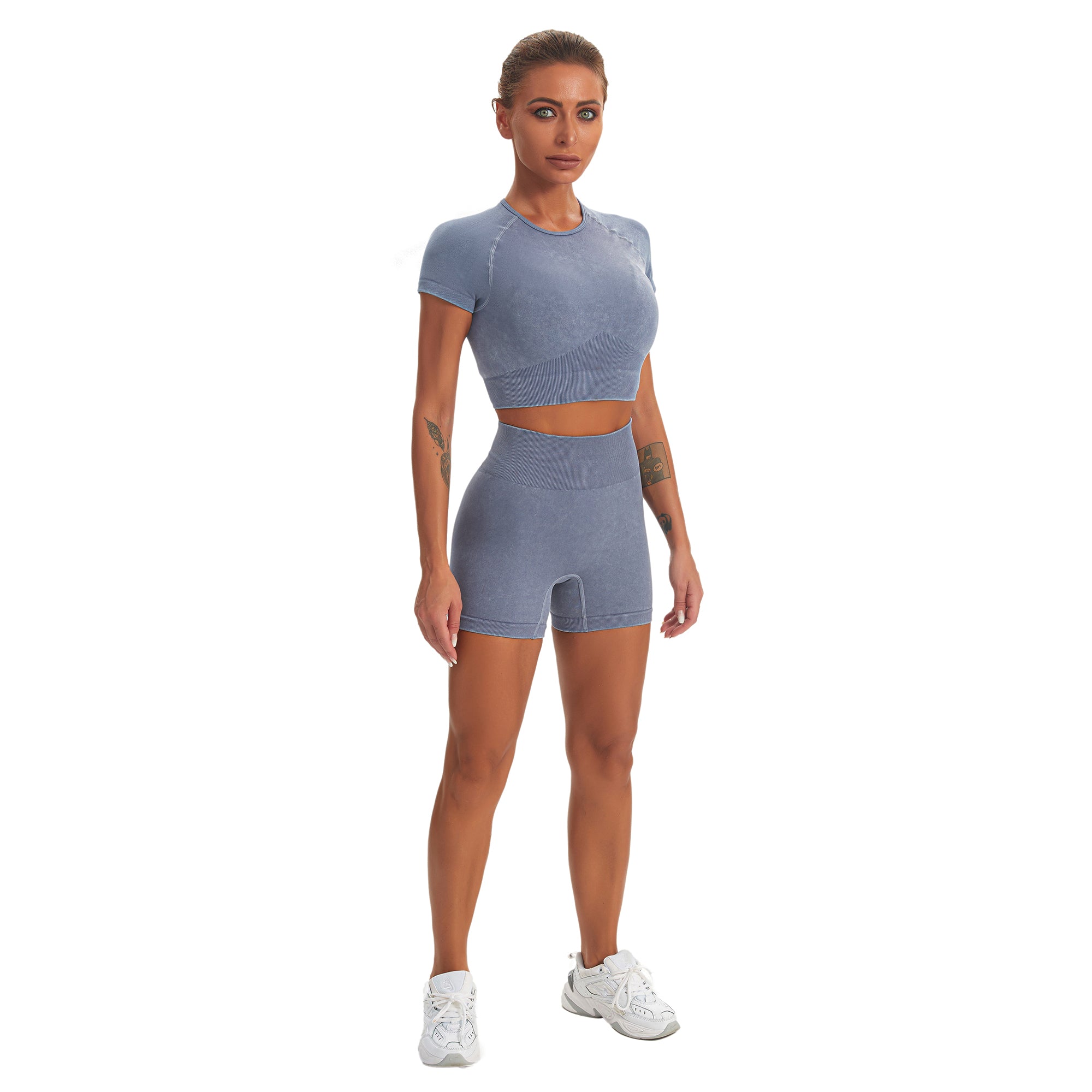 Nahtloses Gym-Yoga-Set, Kurzarm-Top und Shorts