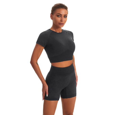 Nahtloses Gym-Yoga-Set, Kurzarm-Top und Shorts