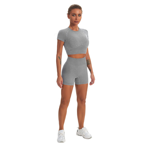 Nahtloses Gym-Yoga-Set, Kurzarm-Top und Shorts