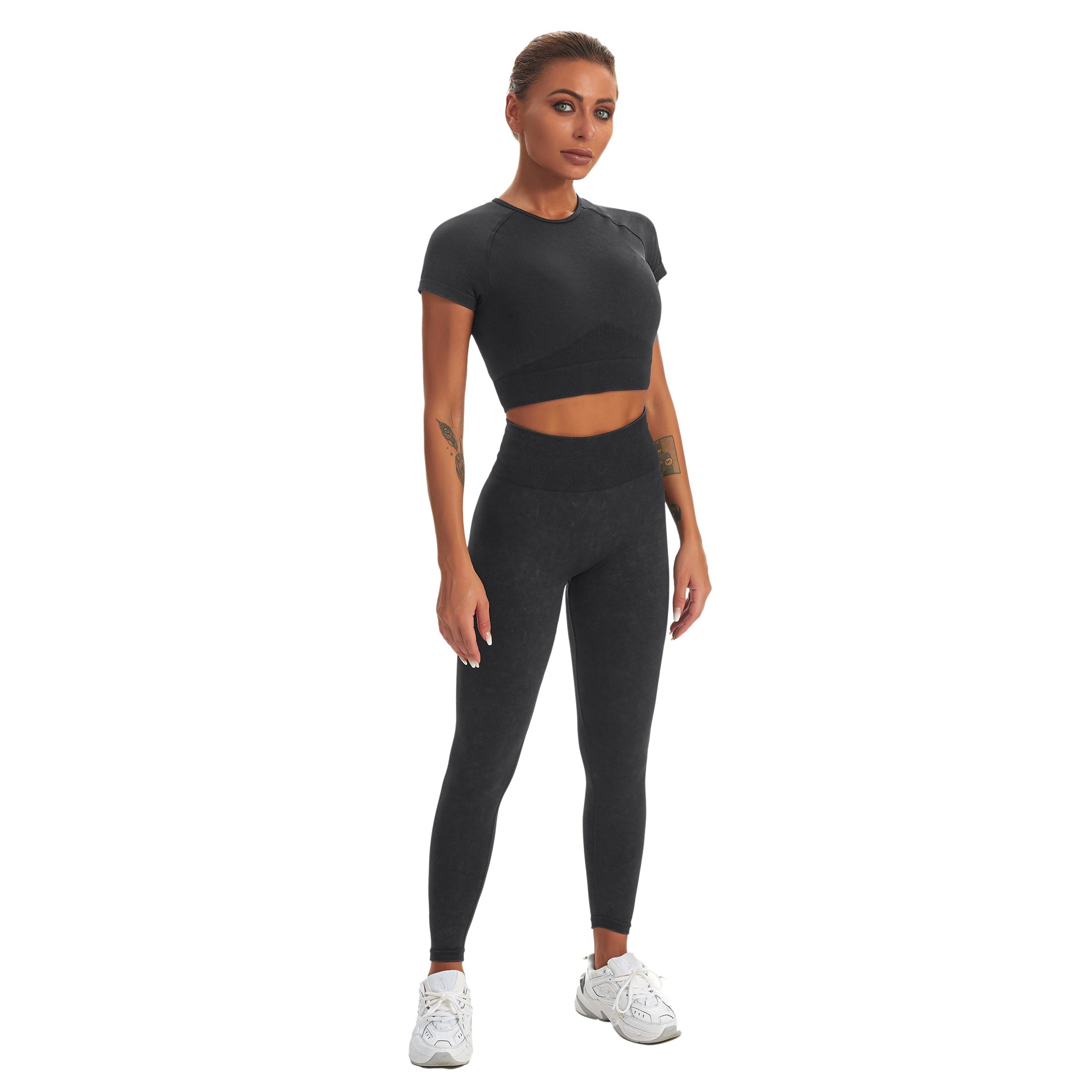 Conjunto de yoga para gimnasio sin costuras, camiseta de manga corta y leggings