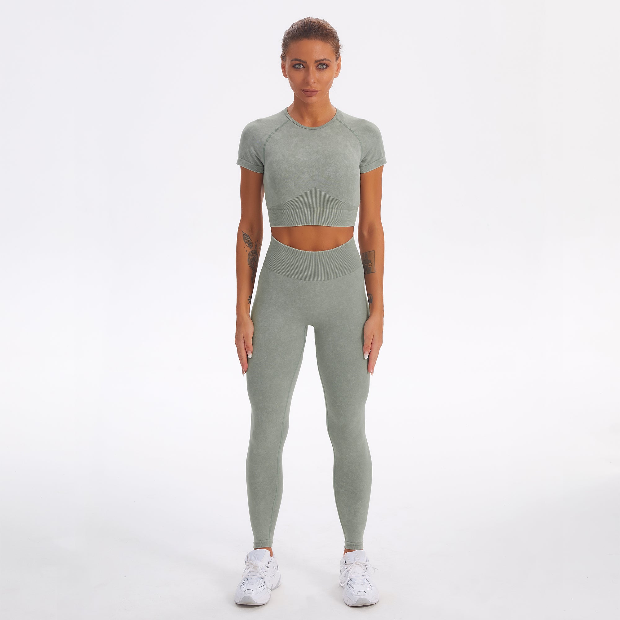 Nahtloses Gym-Yoga-Set, Kurzarm-Top und Leggings