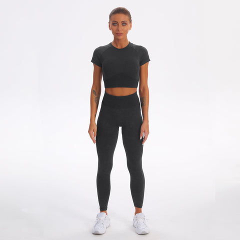 Conjunto de yoga para gimnasio sin costuras, camiseta de manga corta y leggings