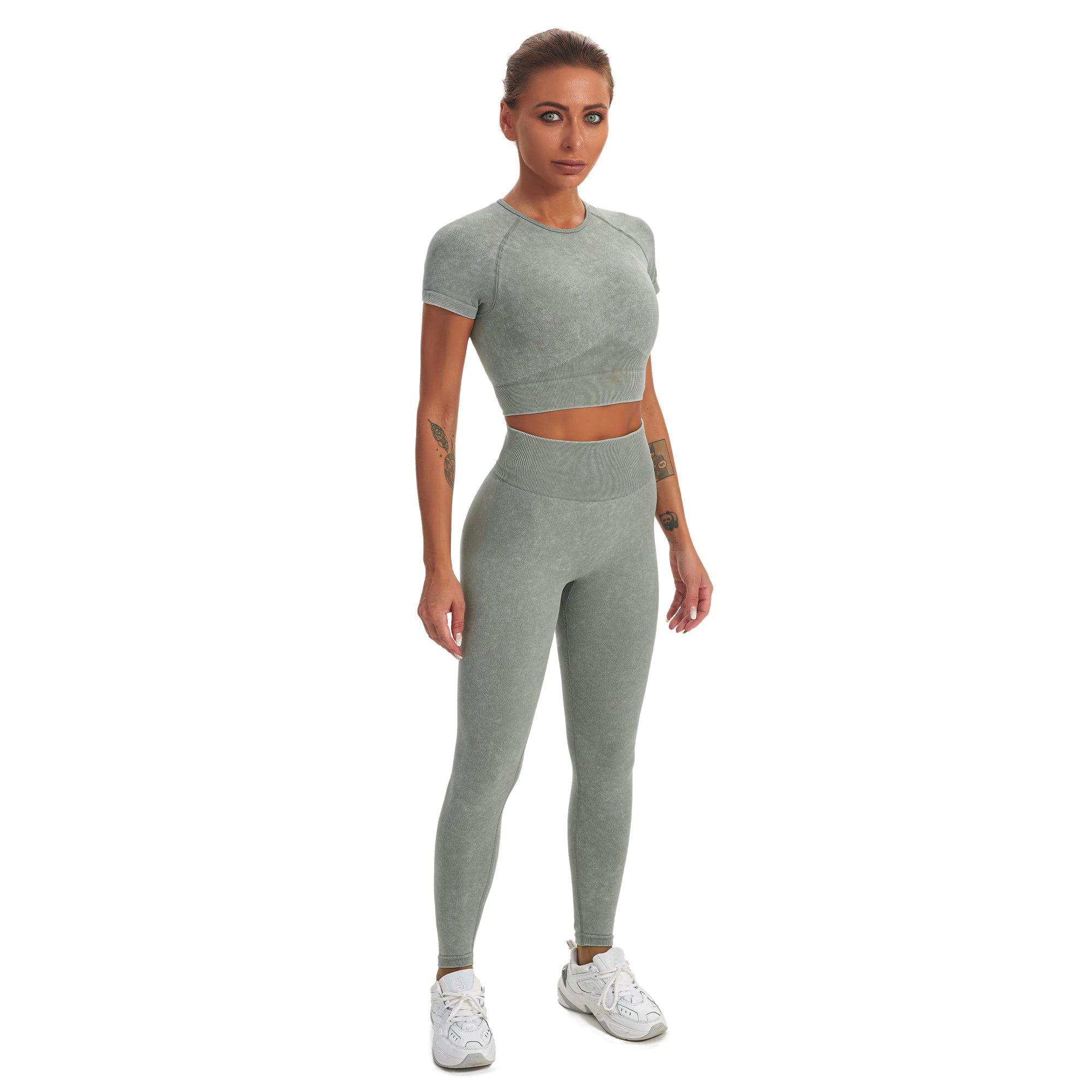 Conjunto de yoga para gimnasio sin costuras, camiseta de manga corta y leggings