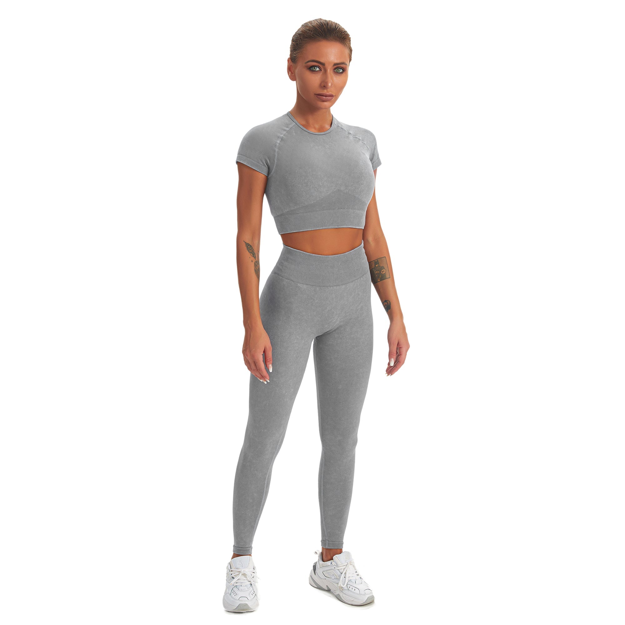 Conjunto de yoga para gimnasio sin costuras, camiseta de manga corta y leggings