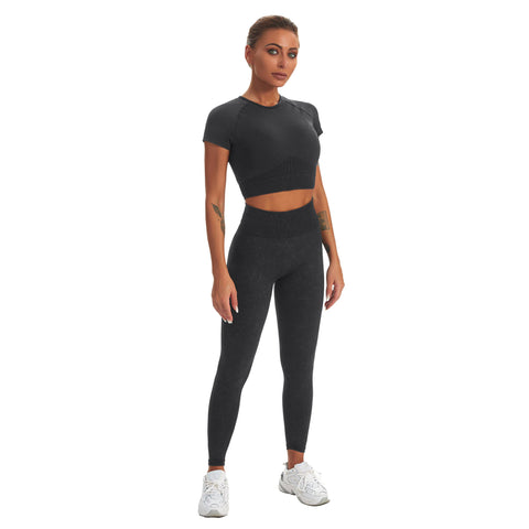 Conjunto de yoga para gimnasio sin costuras, camiseta de manga corta y leggings