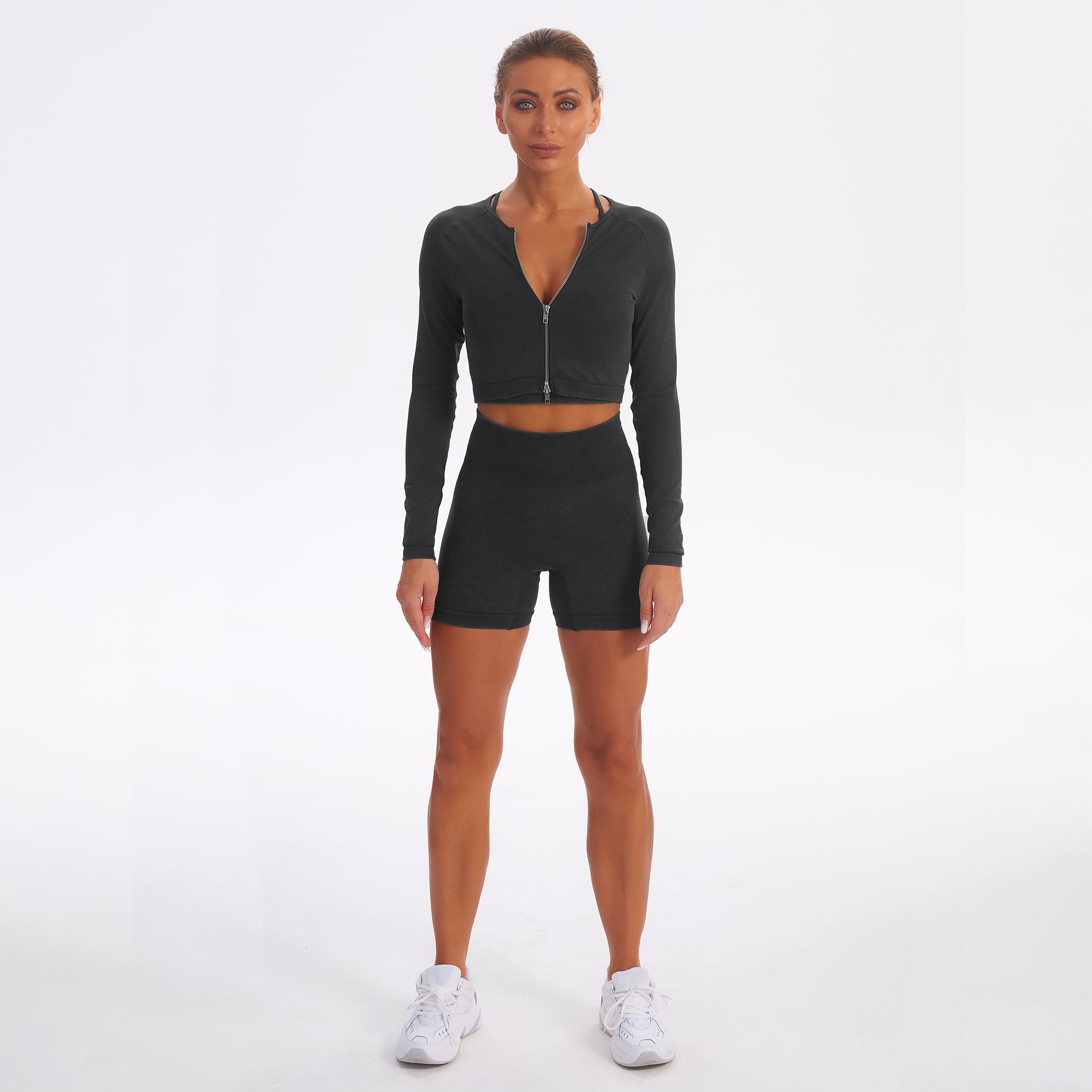 Seamless Gym Yoga Set Zip Up Long Sleeve & Shorts