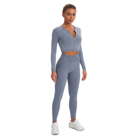 Conjunto de yoga para gimnasio sin costuras con cremallera, manga larga y leggings