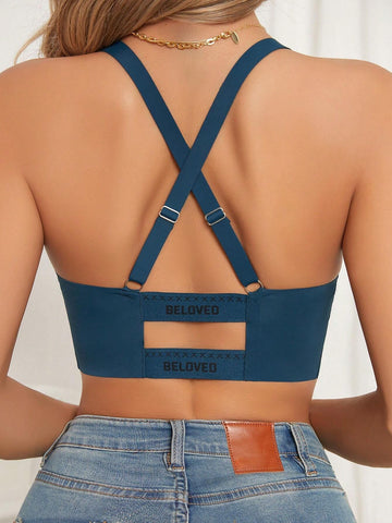 Bügelloses Bralette mit überkreuztem Rücken und Buchstaben-Print in Marineblau