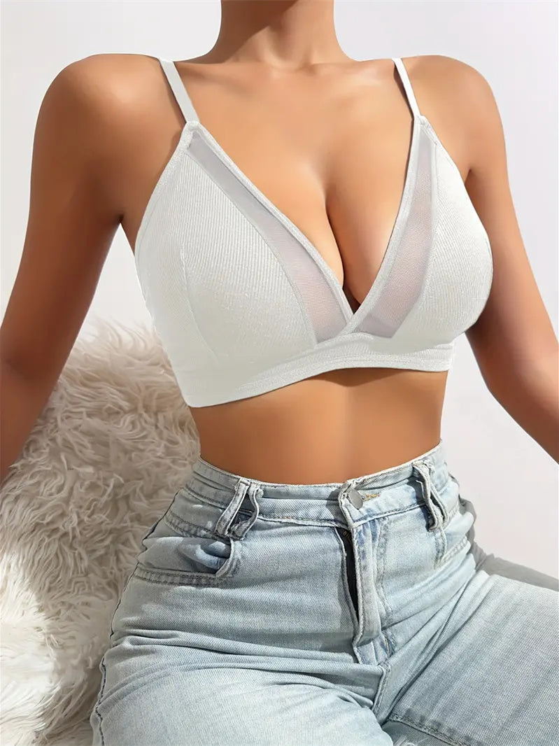 Comfy Breathable Contrast Mesh Bras Wireless Push Up Bra White