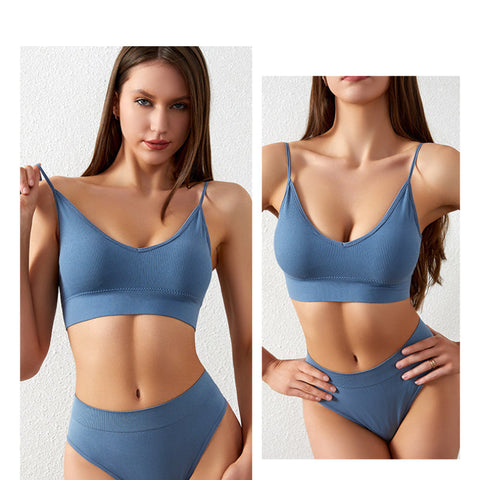 Conjunto de sujetador push-up y ropa interior sin aros, con copa triangular francesa, suave y cómodo, color azul