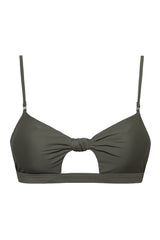 Military Green Tie Front Cut Out Bandeau Bikini Top