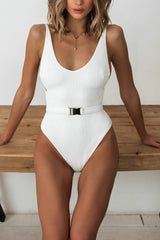 White V-neck Belted One Piece Swimsuit