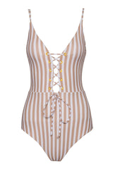 Striped Plunge Lace-Up One Piece Swimsuit