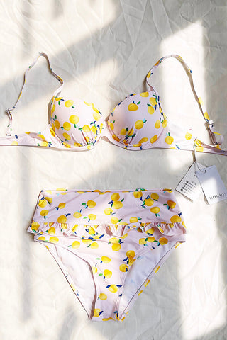 Lemon Print Ruffle Trim High Waisted Bikini Bottom