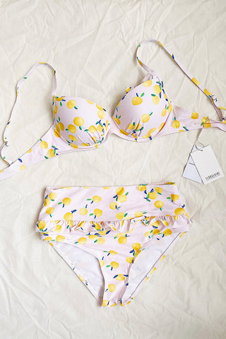 Lemon Print Ruffle Trim High Waisted Bikini Bottom