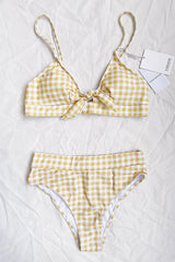 Yellow Check Tie Front Bikini Top