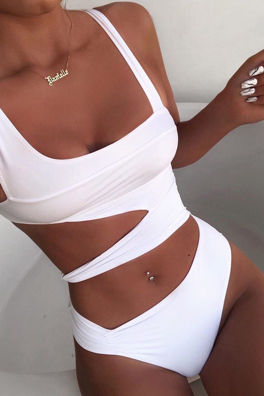 White Asymmetrical Cut Out Side Knot One Piece Swimsuit