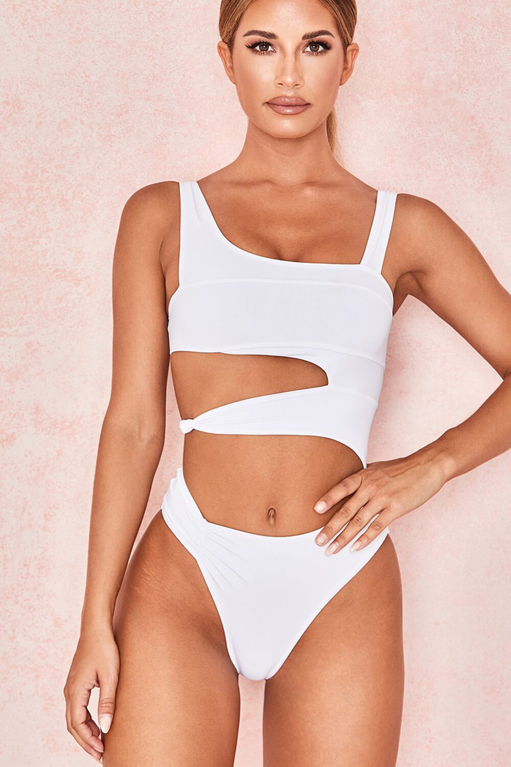 White Asymmetrical Cut Out Side Knot One Piece Swimsuit