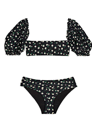 Daises – Schwarzes Bandeau-Bikinioberteil mit Puffärmeln