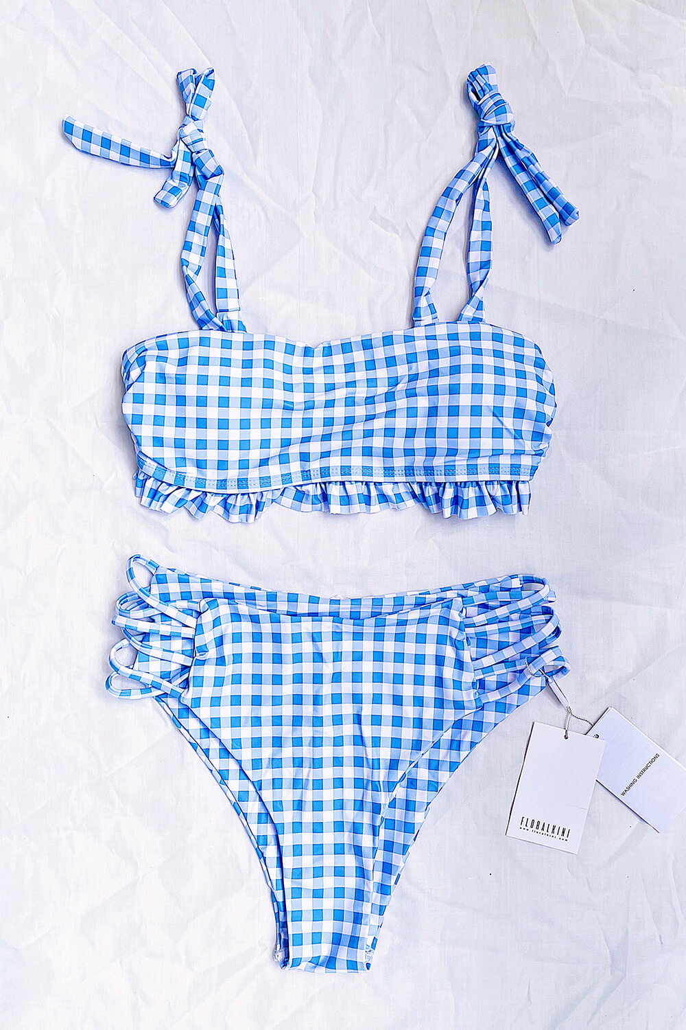 Blaue Giangham Bikinihose mit hoher Taille und überkreuzten Cut-Outs