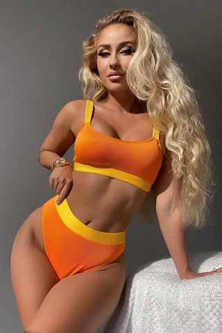 Orange-gelbe Bikinihose mit Blockripp und hoher Taille