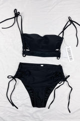 Black Criss Cross Cutout Lace-Up Side Long Line Bandeau Bikini Top