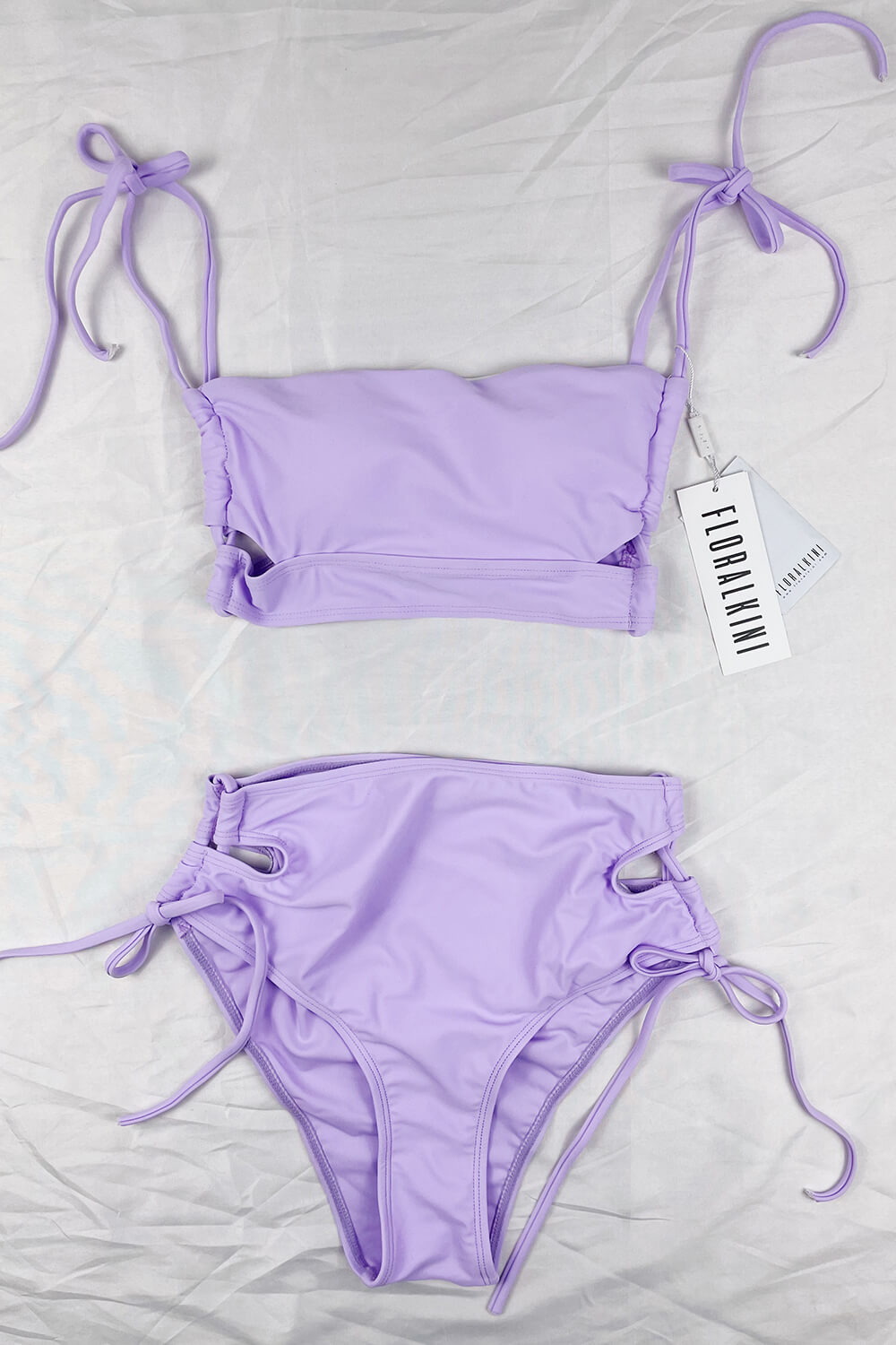 Lilac Criss Cross Cutout Lace-Up Side Long Line Bandeau Bikini Top