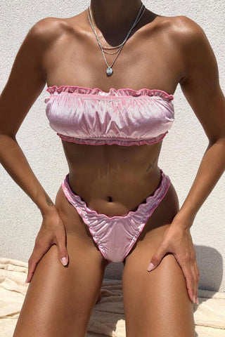Top de bikini palabra de honor fruncido de terciopelo de canalé rosa