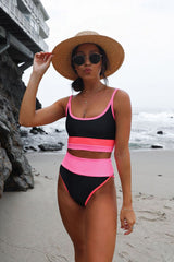 Black With Neon Watermelon And Pink Sporty Bikini Top