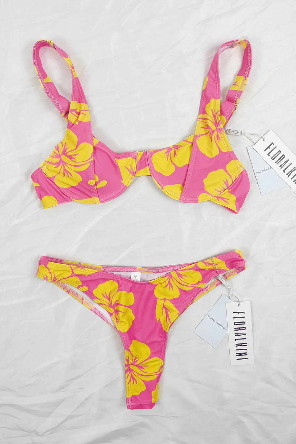 Bikinihose mit hohem Bund und Blumenmuster in Rosa und Orange