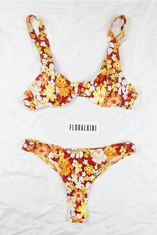 Brown And Gold Floral Print High Rise Bikini Bottom