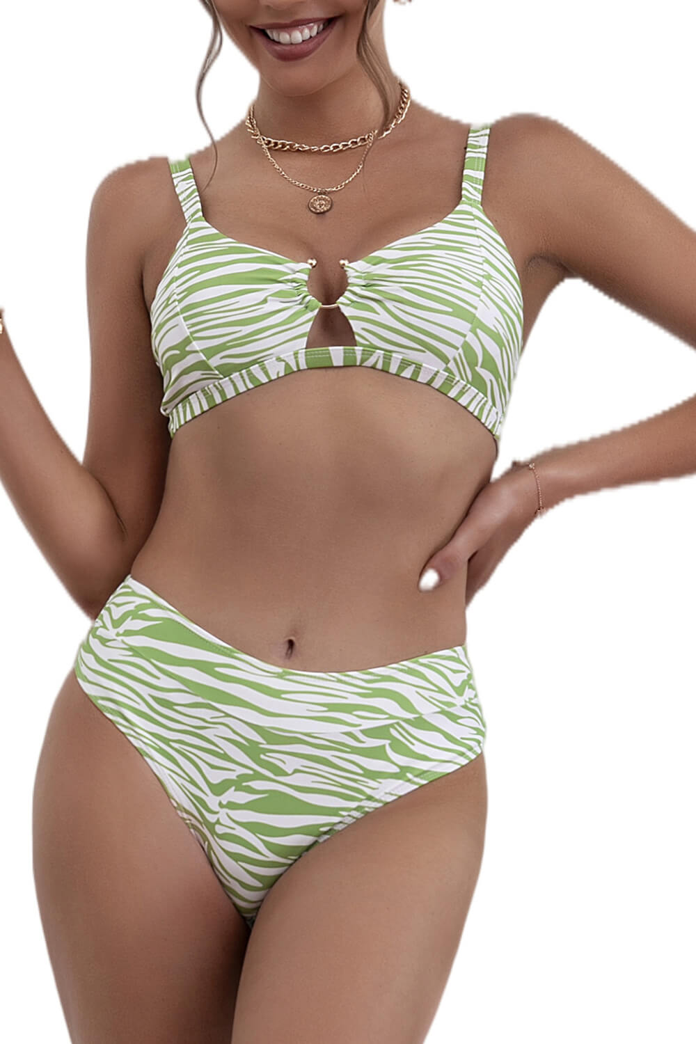 Green Printed High-Waist Bikini Bottoms