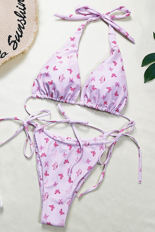 Rosa Neckholder-Triangel-Bikini mit String-Träger und Schmetterlings-Print