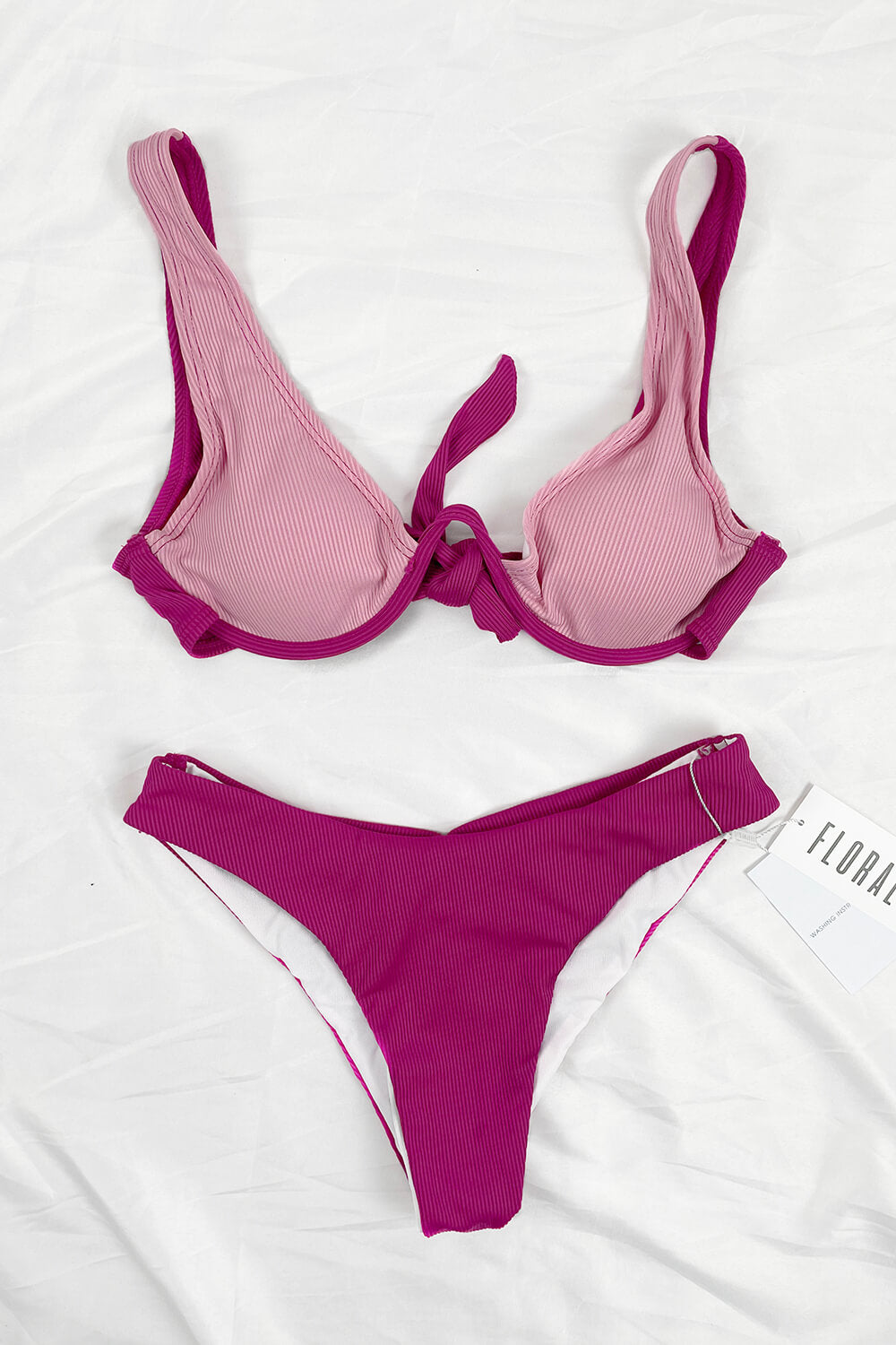 Hot Pink Color Block Ribbed U Wire Plunge Bikini Top
