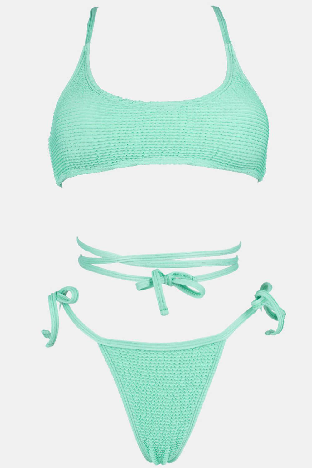 Top de bikini cruzado con escote redondo y diseño arrugado en color menta