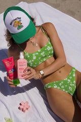 Pale Green Floral Ruched Scoop Crop Bikini Top