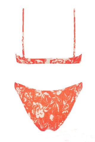 Salmon Floral Ruched Scoop Crop Bikini Top