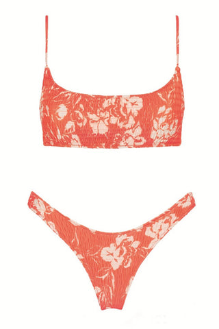 Salmon Floral Ruched Scoop Crop Bikini Top