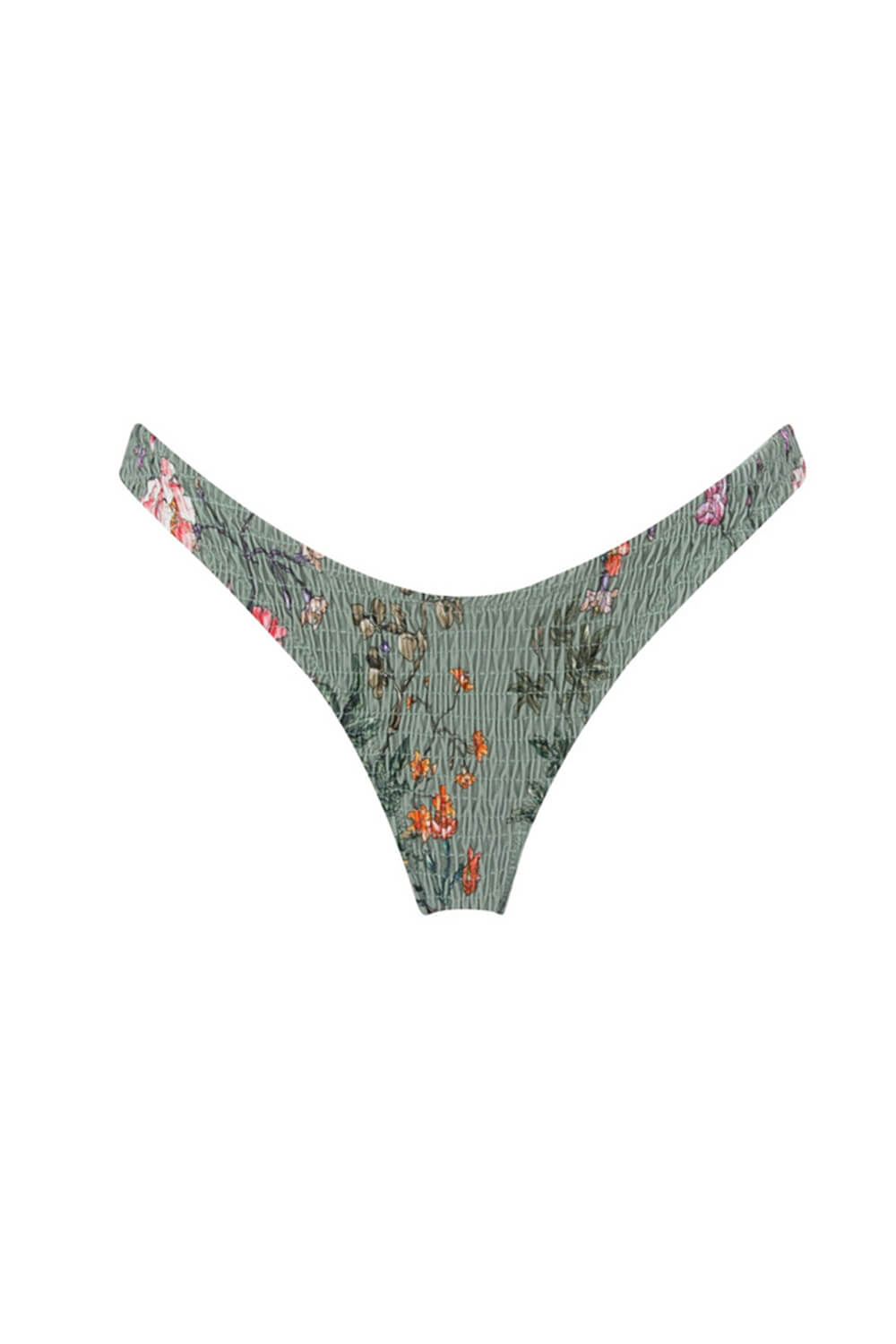 Braguita de bikini de pierna alta fruncida con estampado floral en color cian oscuro