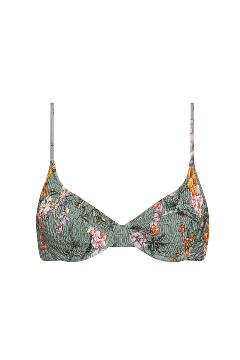 Top de bikini con aros y frunces con estampado floral en color cian oscuro