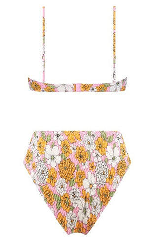 Braguita de bikini de cintura alta con frunces y estampado floral en color rosa intenso
