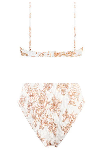 Top de bikini con aros fruncidos y balconette con estampado floral en color tostado