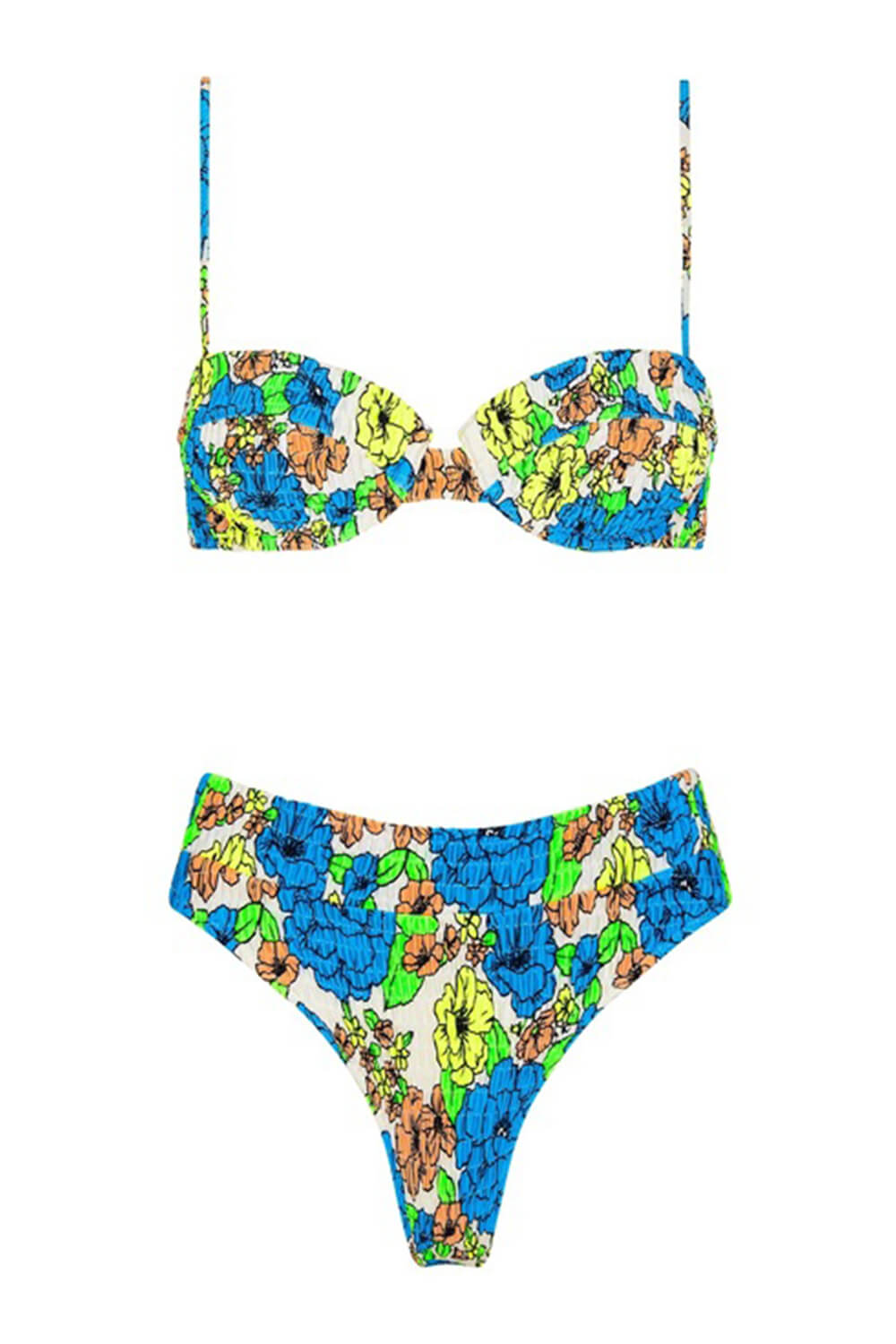 Top de bikini con aros fruncidos y diseño balconette con estampado floral en azul mediano