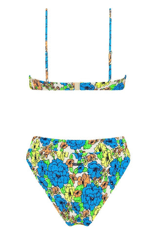 Top de bikini con aros fruncidos y diseño balconette con estampado floral en azul mediano
