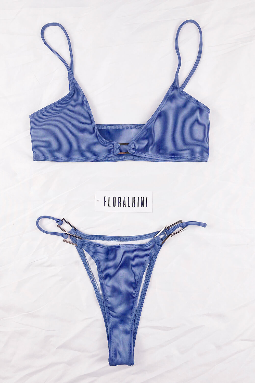 Blue Ribbed Bikini Top With Gold Square Ring Detail